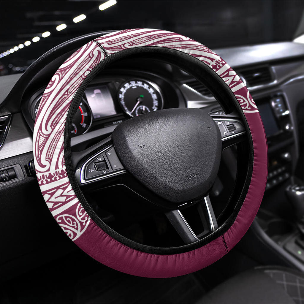 Queensland Maori Nga Hau E Wha Steering Wheel Cover Polynesian Maori Tribal Pattern LT9 Universal Fit Maroon - Polynesian Pride