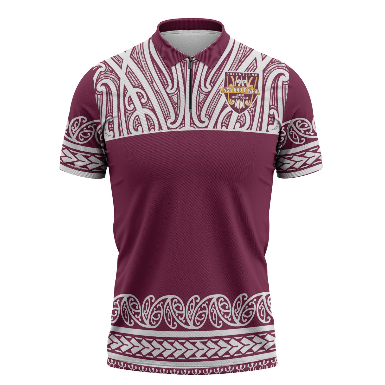 Queensland Maori Nga Hau E Wha Custom Zipper Polo Shirt Polynesian Maori Tribal Pattern LT9 Maroon - Polynesian Pride