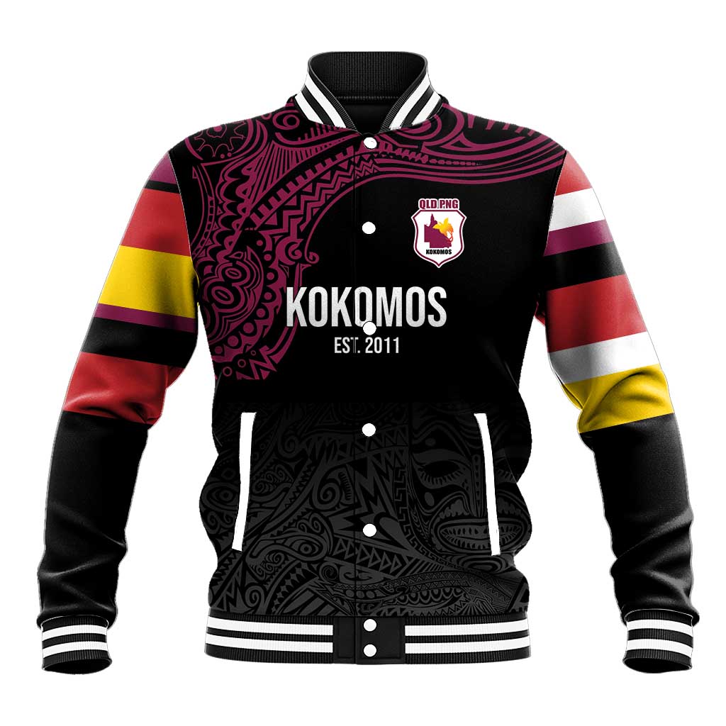 Queensland Papua New Guinea Custom Baseball Jacket All Black Pacific PNG Tribal Style LT9 Unisex Black - Polynesian Pride