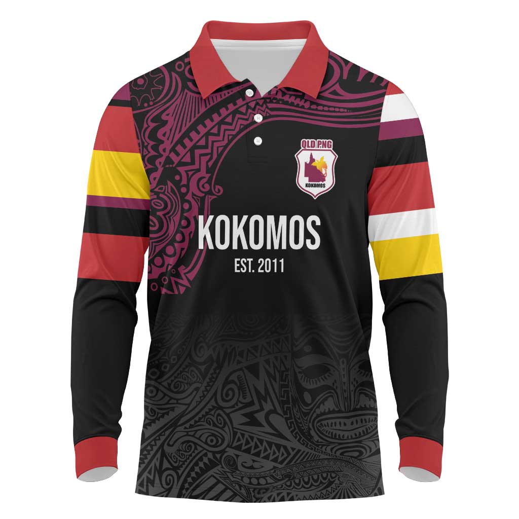 Queensland Papua New Guinea Custom Long Sleeve Polo Shirt All Black Pacific PNG Tribal Style LT9 Black - Polynesian Pride