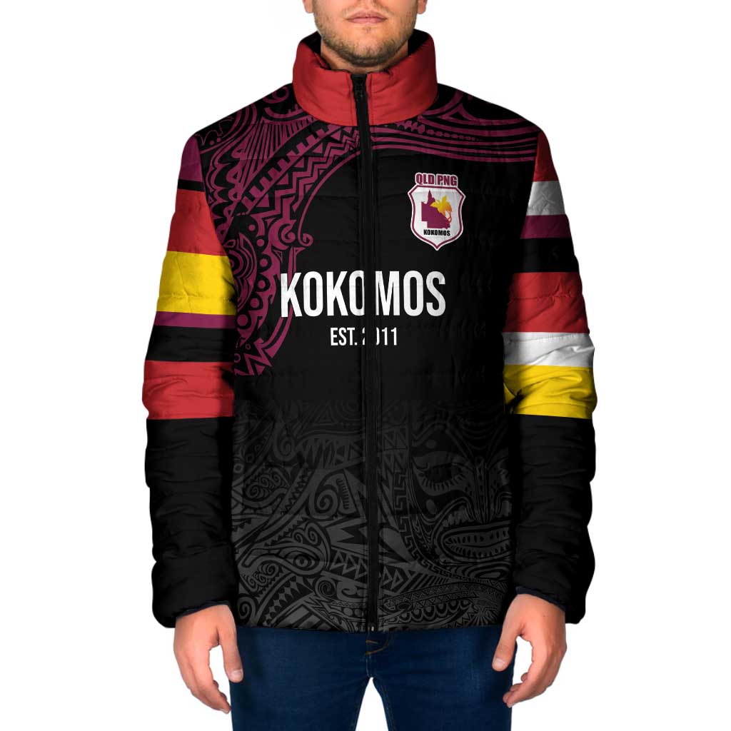 Queensland Papua New Guinea Custom Padded Jacket All Black Pacific PNG Tribal Style LT9 Men Black - Polynesian Pride