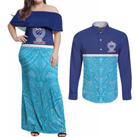 Queensland Samoa Custom Couples Matching Off Shoulder Maxi Dress and Long Sleeve Button Shirt Blue Pacific Polynesian Tribal Pattern LT9 Blue - Polynesian Pride