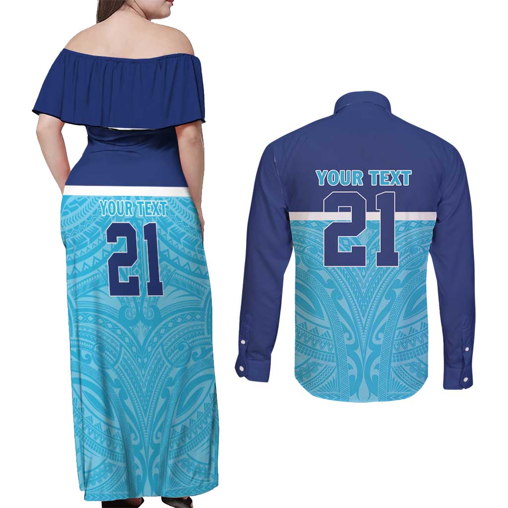 Queensland Samoa Custom Couples Matching Off Shoulder Maxi Dress and Long Sleeve Button Shirt Blue Pacific Polynesian Tribal Pattern LT9 - Polynesian Pride