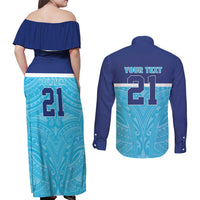 Queensland Samoa Custom Couples Matching Off Shoulder Maxi Dress and Long Sleeve Button Shirt Blue Pacific Polynesian Tribal Pattern LT9 - Polynesian Pride