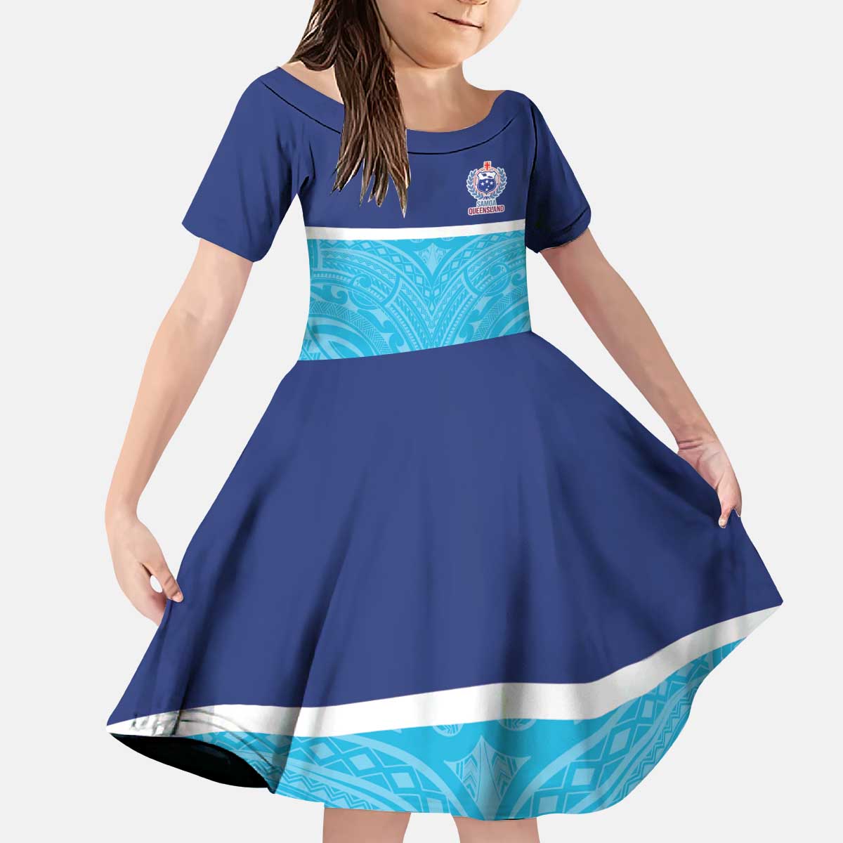 Queensland Samoa Custom Kid Short Sleeve Dress Blue Pacific Polynesian Tribal Pattern LT9 KID Blue - Polynesian Pride