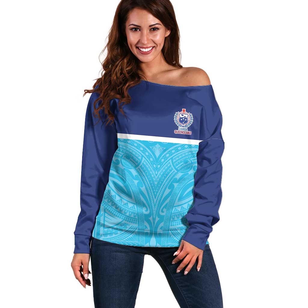 Queensland Samoa Custom Off Shoulder Sweater Blue Pacific Polynesian Tribal Pattern LT9 Women Blue - Polynesian Pride