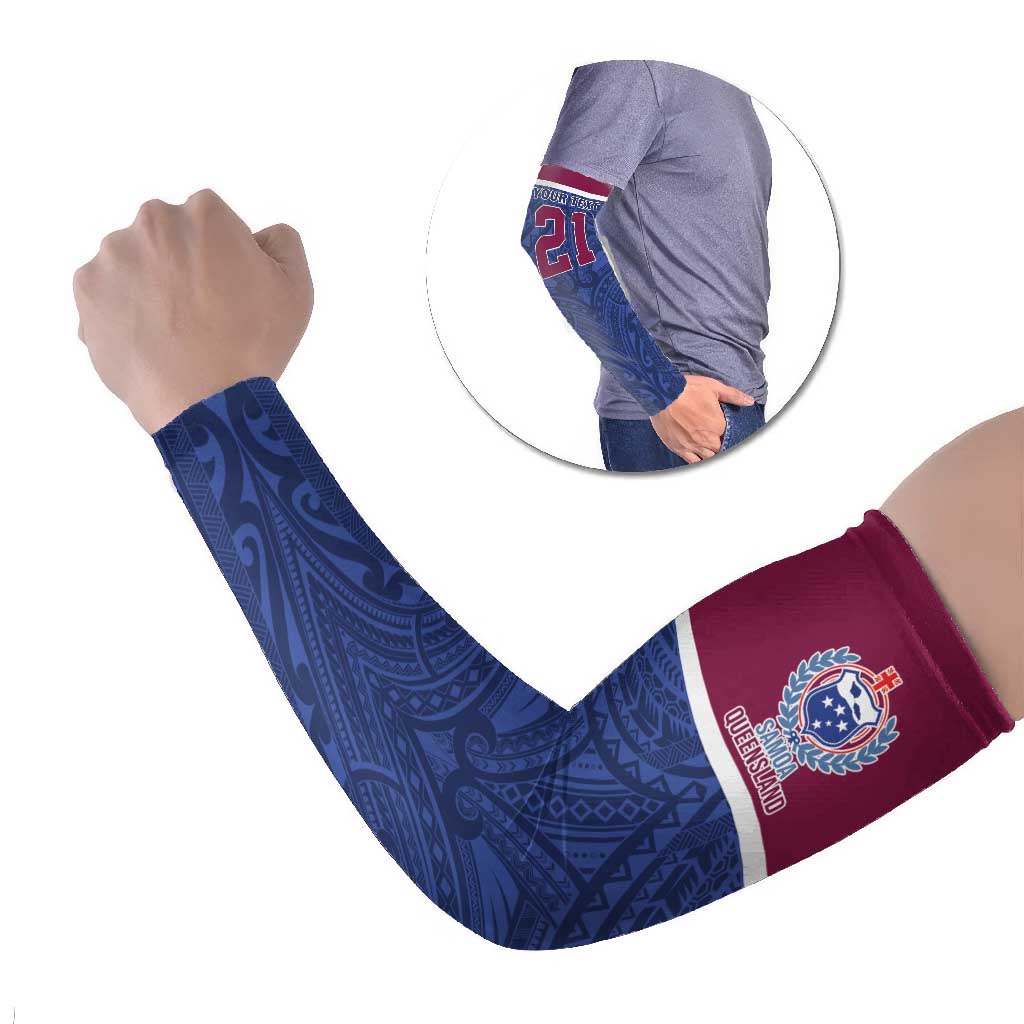 Queensland Samoa Custom Arm Sleeves Maroon-Blue Pacific Polynesian Tribal Pattern LT9 Set of 2 Dark Blue - Polynesian Pride