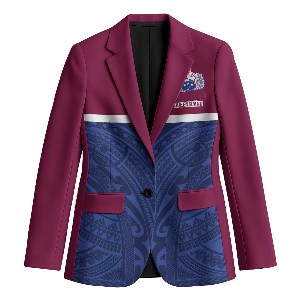 Queensland Samoa Custom Blazer Maroon-Blue Pacific Polynesian Tribal Pattern LT9 Unisex Dark Blue - Polynesian Pride