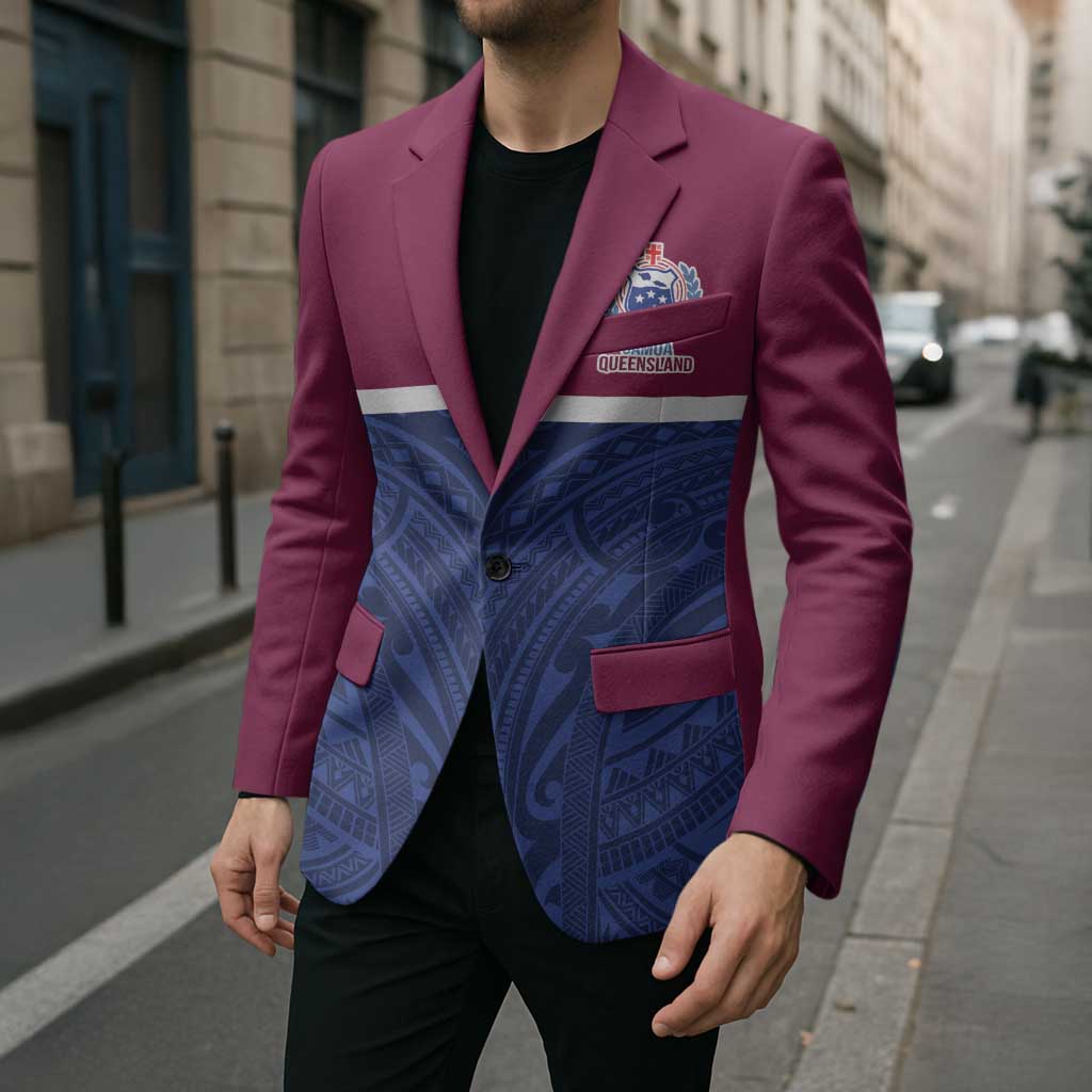 Queensland Samoa Custom Blazer Maroon-Blue Pacific Polynesian Tribal Pattern LT9 - Polynesian Pride