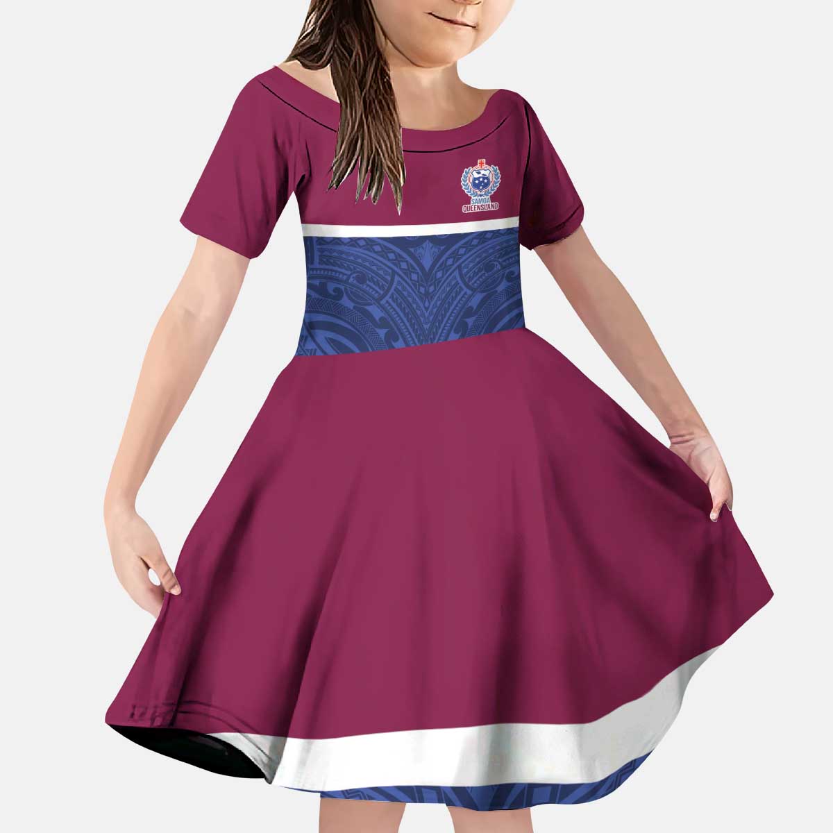 Queensland Samoa Custom Kid Short Sleeve Dress Maroon-Blue Pacific Polynesian Tribal Pattern LT9 KID Dark Blue - Polynesian Pride