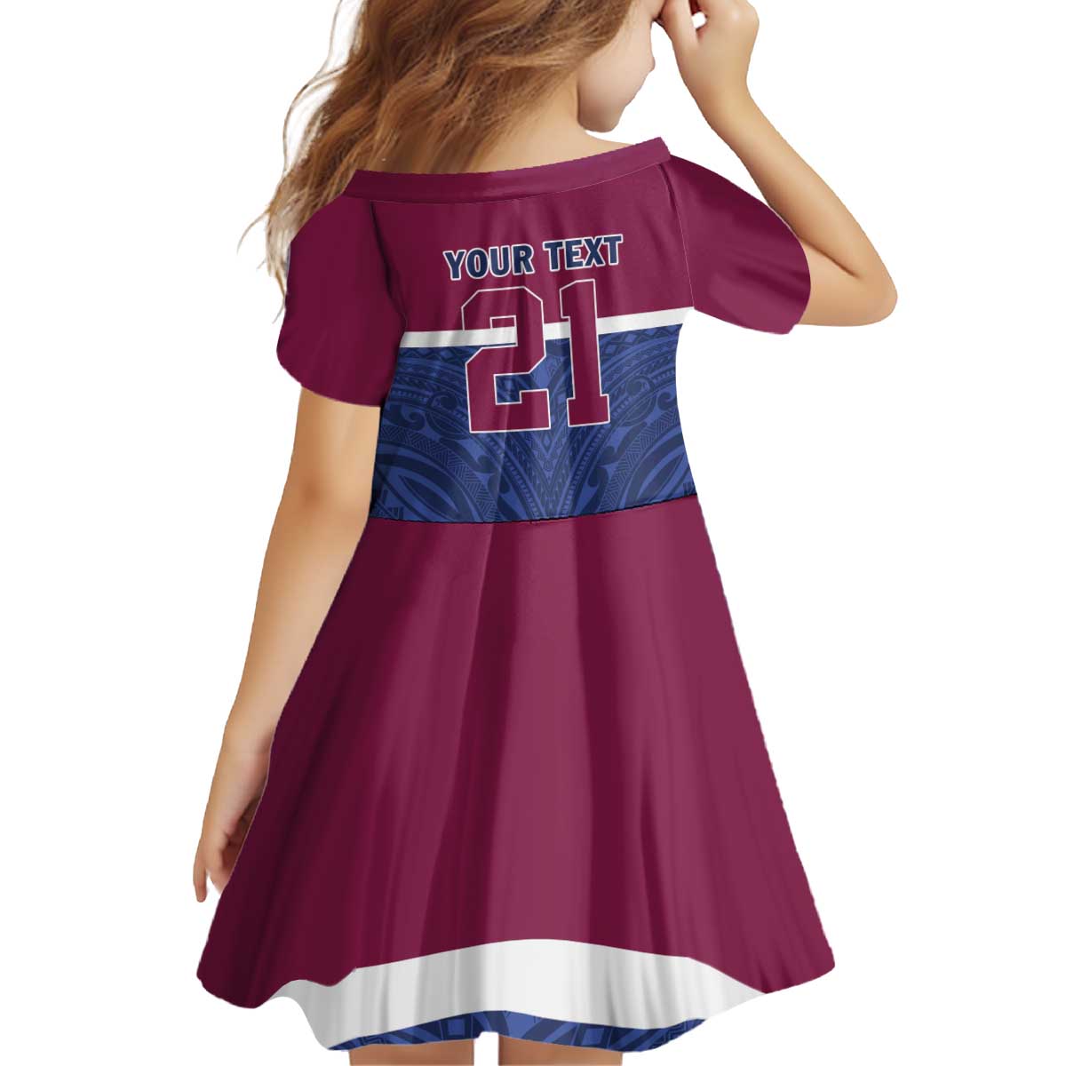 Queensland Samoa Custom Kid Short Sleeve Dress Maroon-Blue Pacific Polynesian Tribal Pattern LT9 - Polynesian Pride