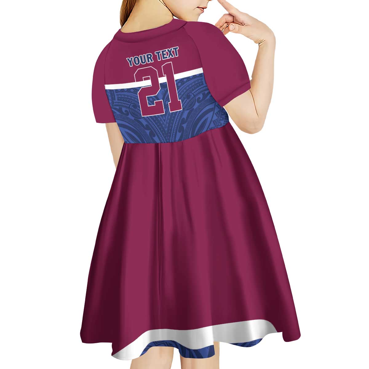Queensland Samoa Custom Kid Short Sleeve Dress Maroon-Blue Pacific Polynesian Tribal Pattern LT9 - Polynesian Pride