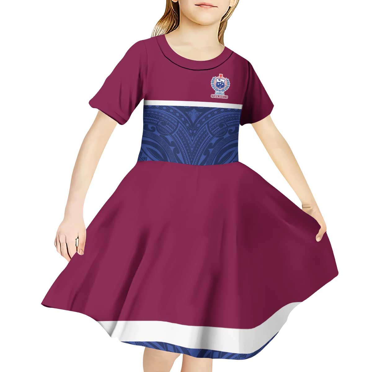 Queensland Samoa Custom Kid Short Sleeve Dress Maroon-Blue Pacific Polynesian Tribal Pattern LT9 - Polynesian Pride