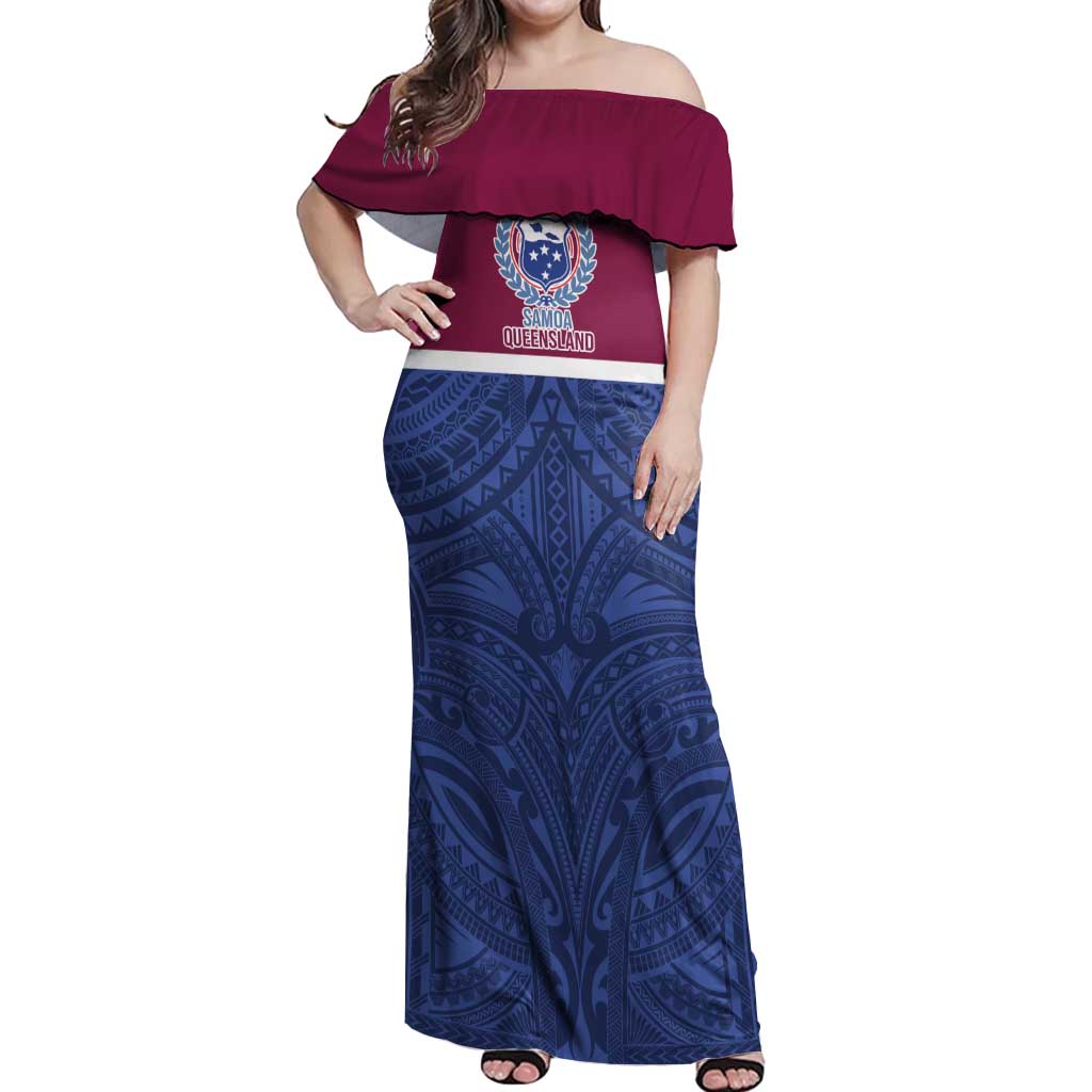 Queensland Samoa Custom Off Shoulder Maxi Dress Maroon-Blue Pacific Polynesian Tribal Pattern LT9 Women Dark Blue - Polynesian Pride
