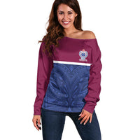 Queensland Samoa Custom Off Shoulder Sweater Maroon-Blue Pacific Polynesian Tribal Pattern LT9 Women Dark Blue - Polynesian Pride
