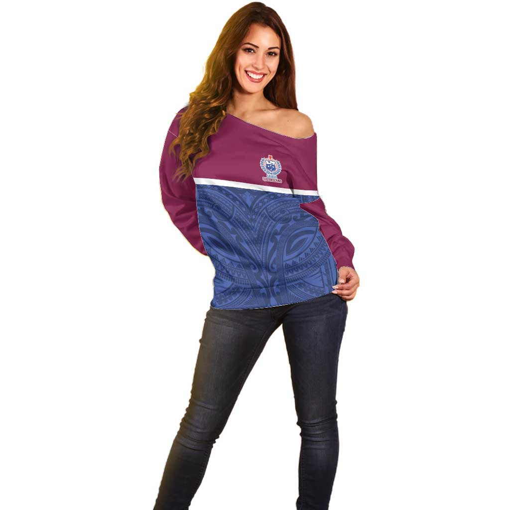 Queensland Samoa Custom Off Shoulder Sweater Maroon-Blue Pacific Polynesian Tribal Pattern LT9 - Polynesian Pride
