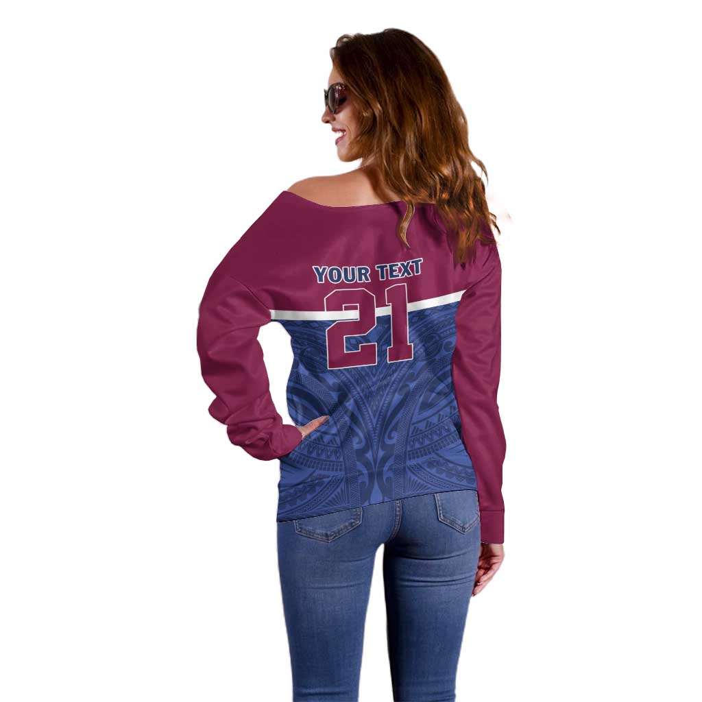 Queensland Samoa Custom Off Shoulder Sweater Maroon-Blue Pacific Polynesian Tribal Pattern LT9 - Polynesian Pride