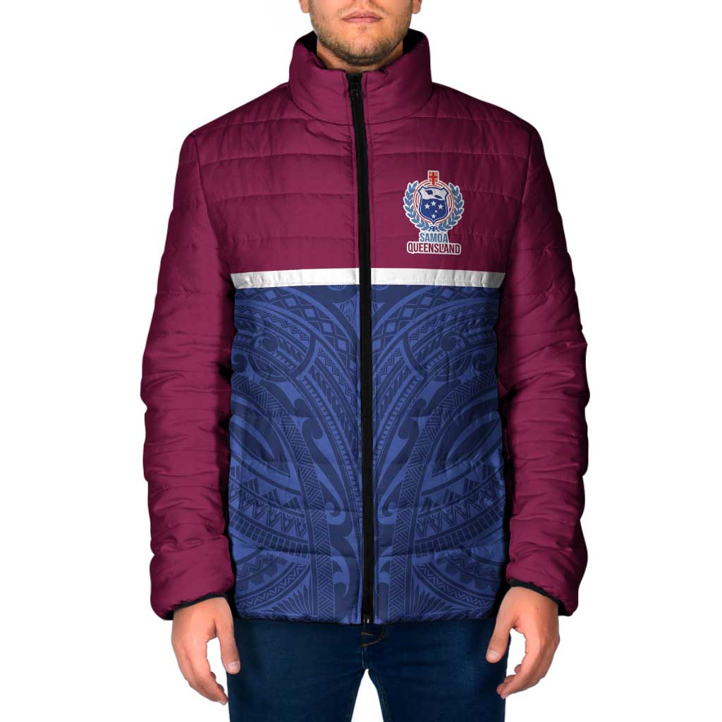 Queensland Samoa Custom Padded Jacket Maroon-Blue Pacific Polynesian Tribal Pattern LT9 Men Dark Blue - Polynesian Pride