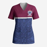 Queensland Samoa Custom Scrub Top Maroon-Blue Pacific Polynesian Tribal Pattern LT9 Adult Dark Blue - Polynesian Pride