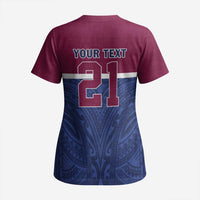 Queensland Samoa Custom Scrub Top Maroon-Blue Pacific Polynesian Tribal Pattern LT9 - Polynesian Pride