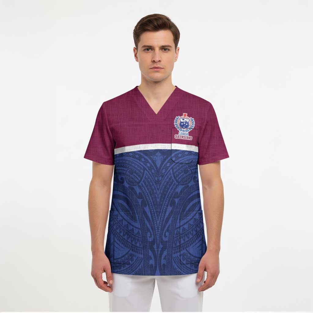Queensland Samoa Custom Scrub Top Maroon-Blue Pacific Polynesian Tribal Pattern LT9 - Polynesian Pride