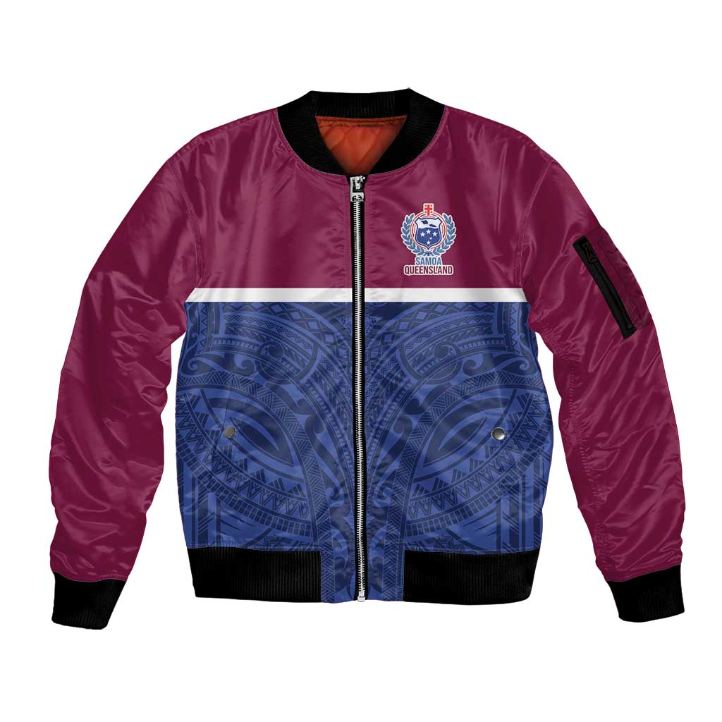 Queensland Samoa Custom Sleeve Zip Bomber Jacket Maroon-Blue Pacific Polynesian Tribal Pattern LT9 Unisex Dark Blue - Polynesian Pride