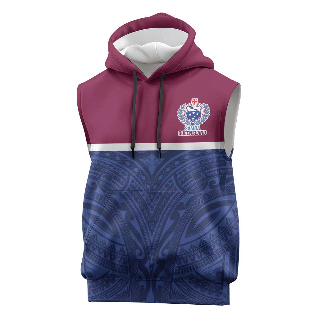Queensland Samoa Custom Sleeveless Hoodie Maroon-Blue Pacific Polynesian Tribal Pattern LT9 Dark Blue - Polynesian Pride