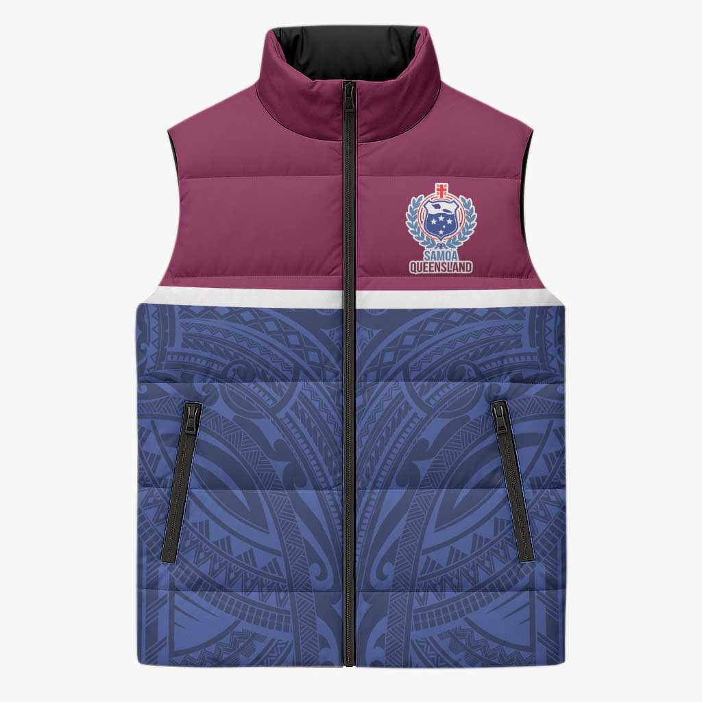 Queensland Samoa Custom Sleeveless Puffer Jacket Maroon-Blue Pacific Polynesian Tribal Pattern LT9 Unisex Dark Blue - Polynesian Pride