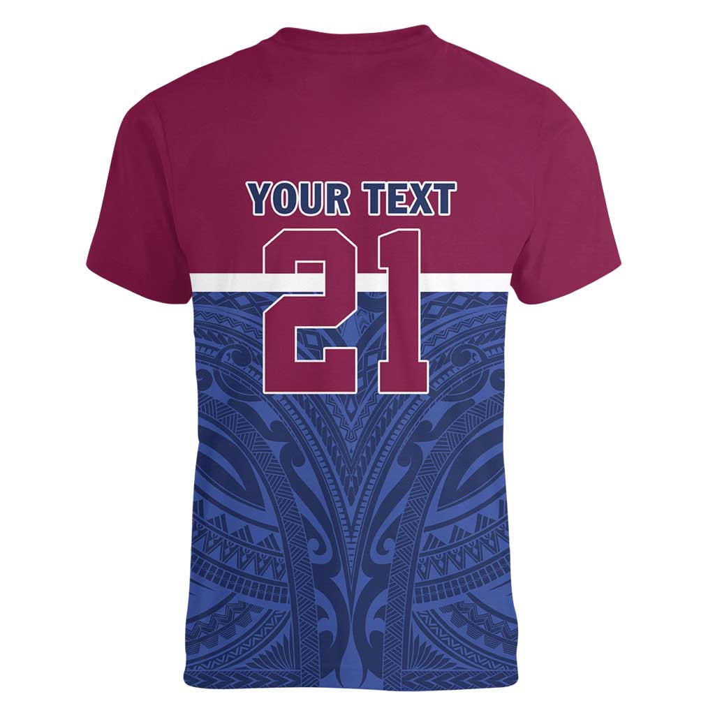 Queensland Samoa Custom Women V-Neck T-Shirt Maroon-Blue Pacific Polynesian Tribal Pattern LT9 - Polynesian Pride