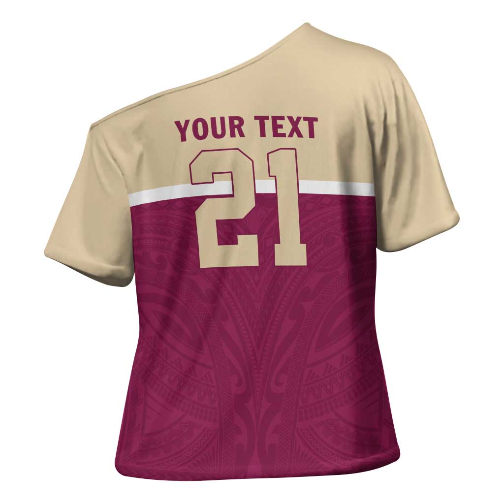 Queensland Samoa Custom Cross Shoulder Shirt Maroon Pacific Polynesian Tribal Pattern LT9 - Polynesian Pride