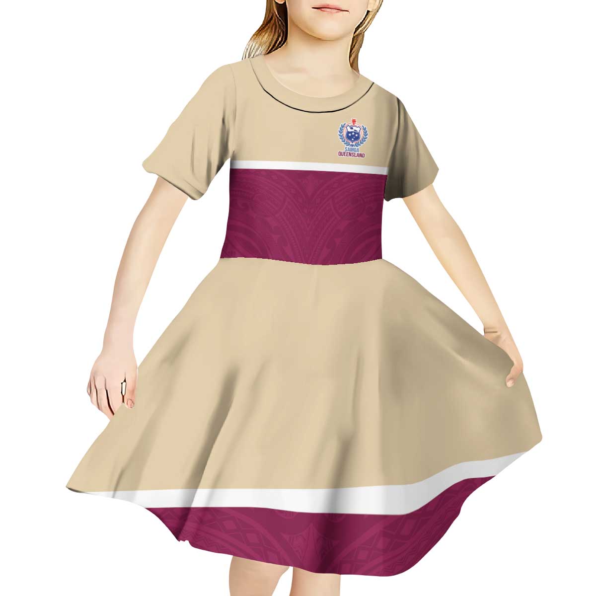 Queensland Samoa Custom Kid Short Sleeve Dress Maroon Pacific Polynesian Tribal Pattern LT9 - Polynesian Pride