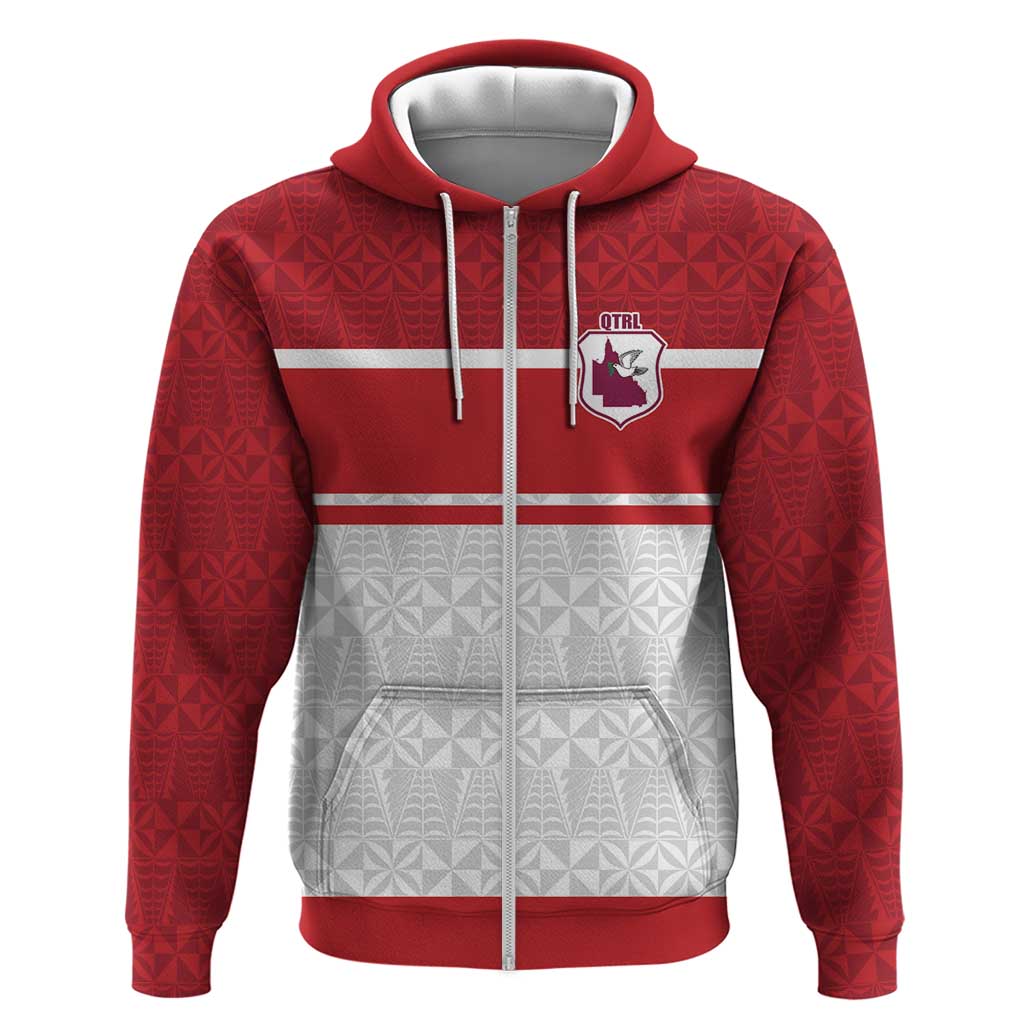 Queensland Tonga Custom Hoodie QLD with Tongan Ngatu Pattern LT9 Zip Hoodie Red - Polynesian Pride