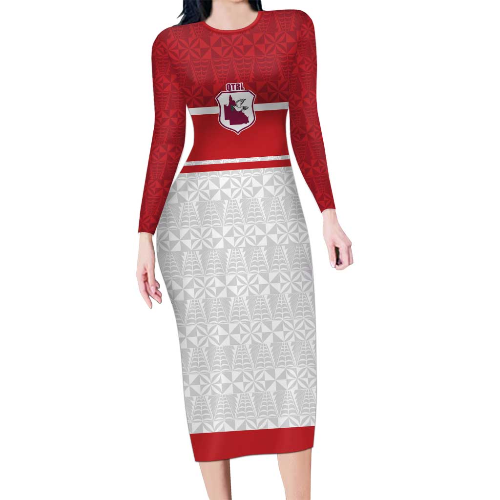 Queensland Tonga Custom Long Sleeve Bodycon Dress QLD with Tongan Ngatu Pattern LT9 Long Dress Red - Polynesian Pride