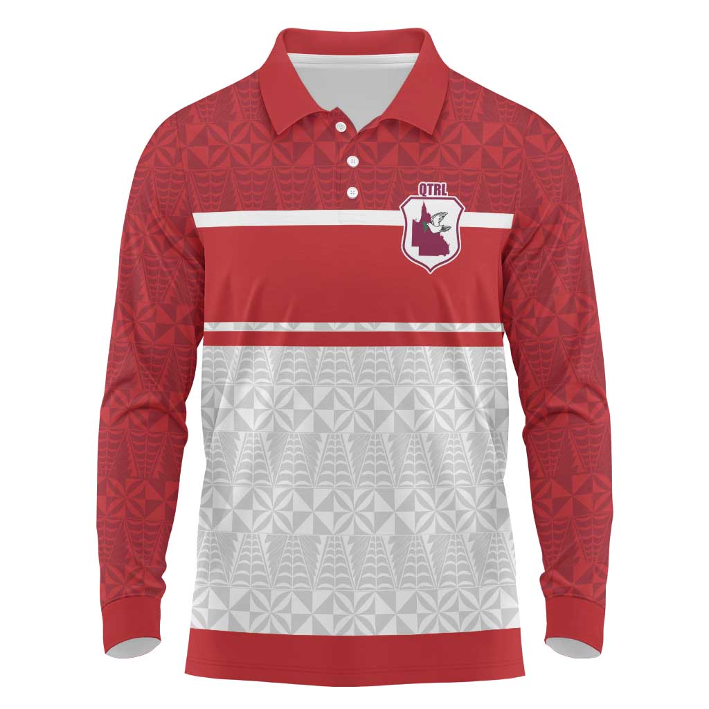 Queensland Tonga Custom Long Sleeve Polo Shirt QLD with Tongan Ngatu Pattern LT9 Red - Polynesian Pride