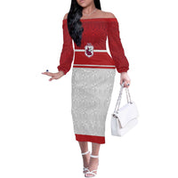 Queensland Tonga Custom Off The Shoulder Long Sleeve Dress QLD with Tongan Ngatu Pattern LT9 Women Red - Polynesian Pride
