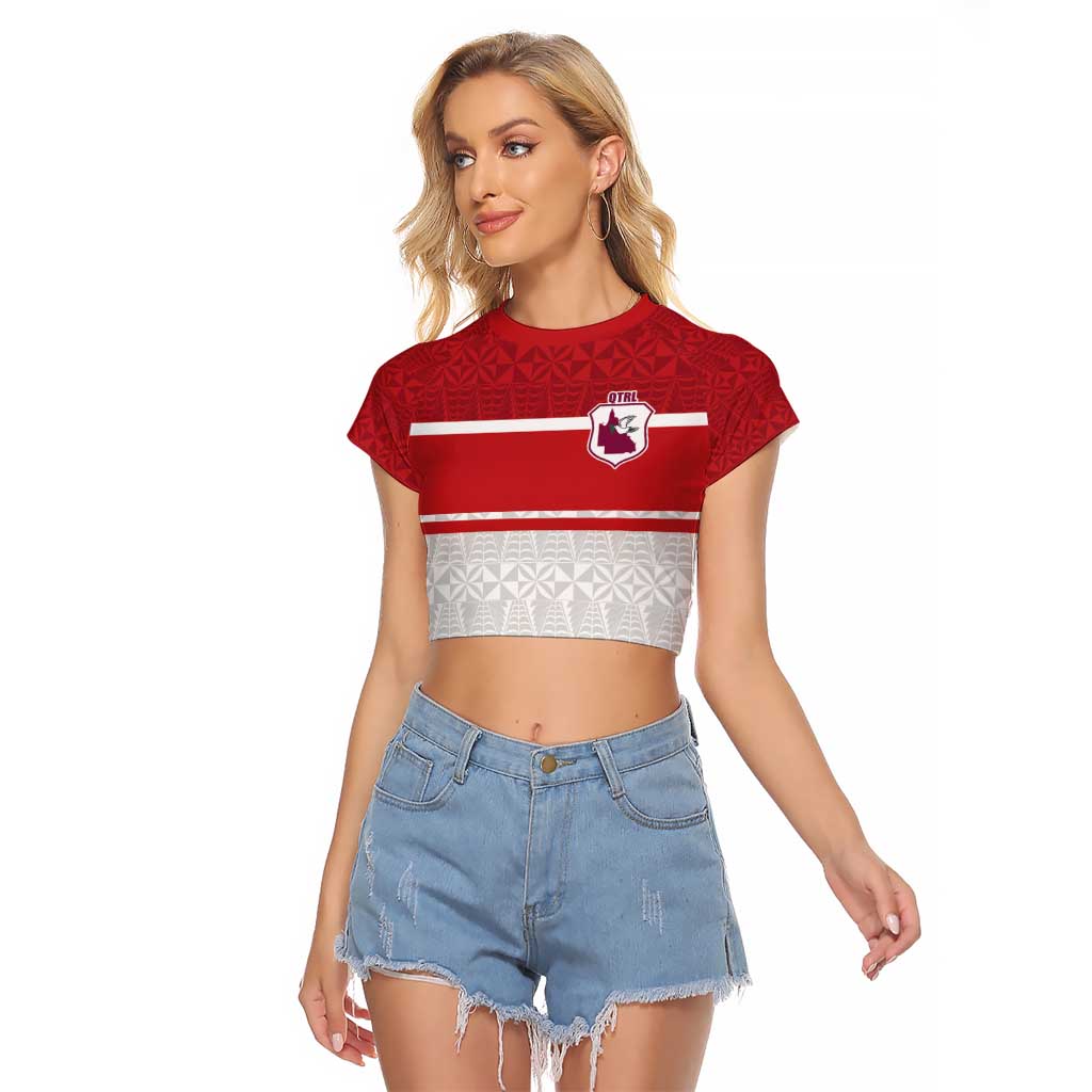 Queensland Tonga Custom Raglan Cropped T Shirt QLD with Tongan Ngatu Pattern LT9 Female Red - Polynesian Pride