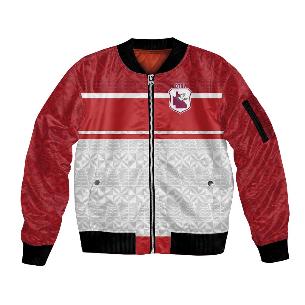 Queensland Tonga Custom Sleeve Zip Bomber Jacket QLD with Tongan Ngatu Pattern LT9 Unisex Red - Polynesian Pride
