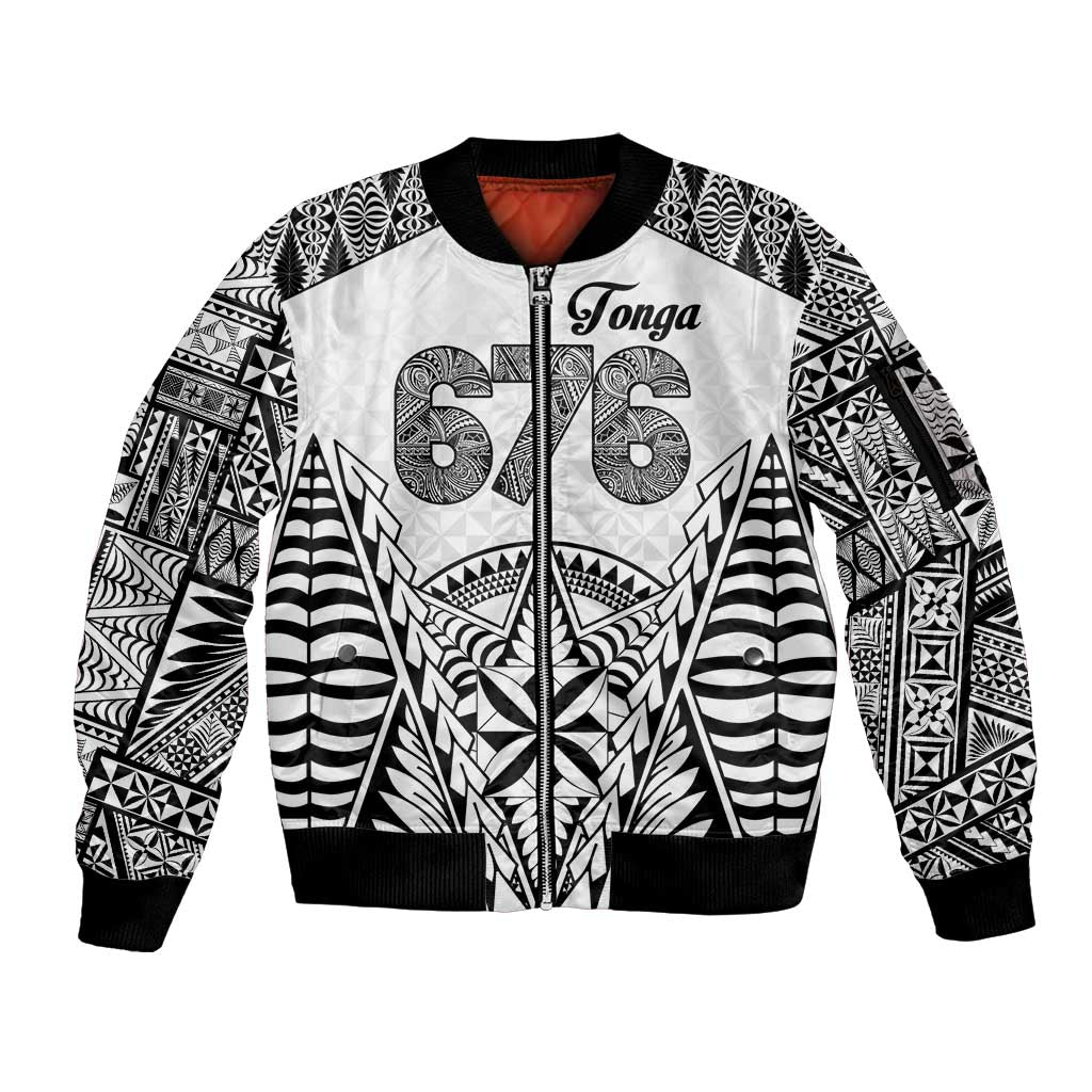 Personalised Tonga 676 Sleeve Zip Bomber Jacket Tribal Kupesi Ngatu Unique LT9 Unisex White - Polynesian Pride