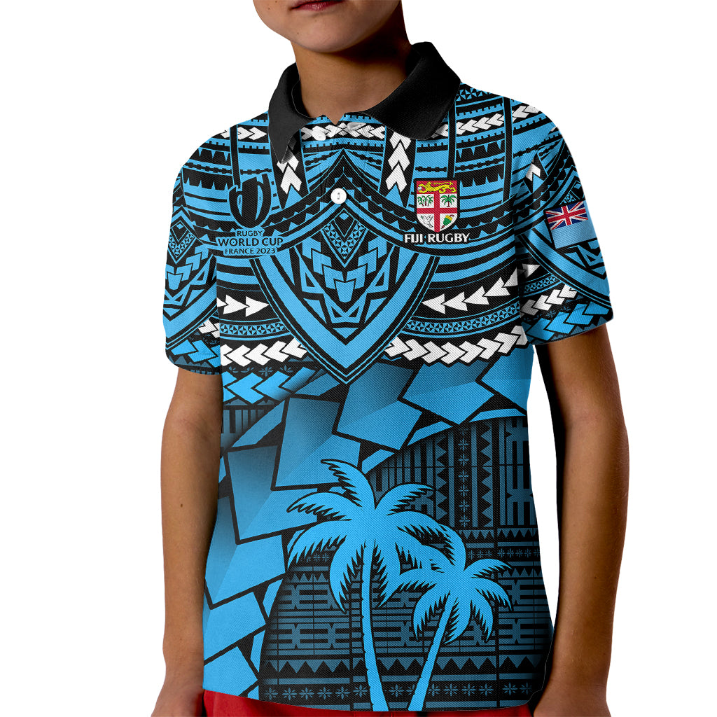 Fiji Rugby Kid Polo Shirt Go Fijian Tapa Arty with World Cup Vibe LT9 Kid Blue - Polynesian Pride