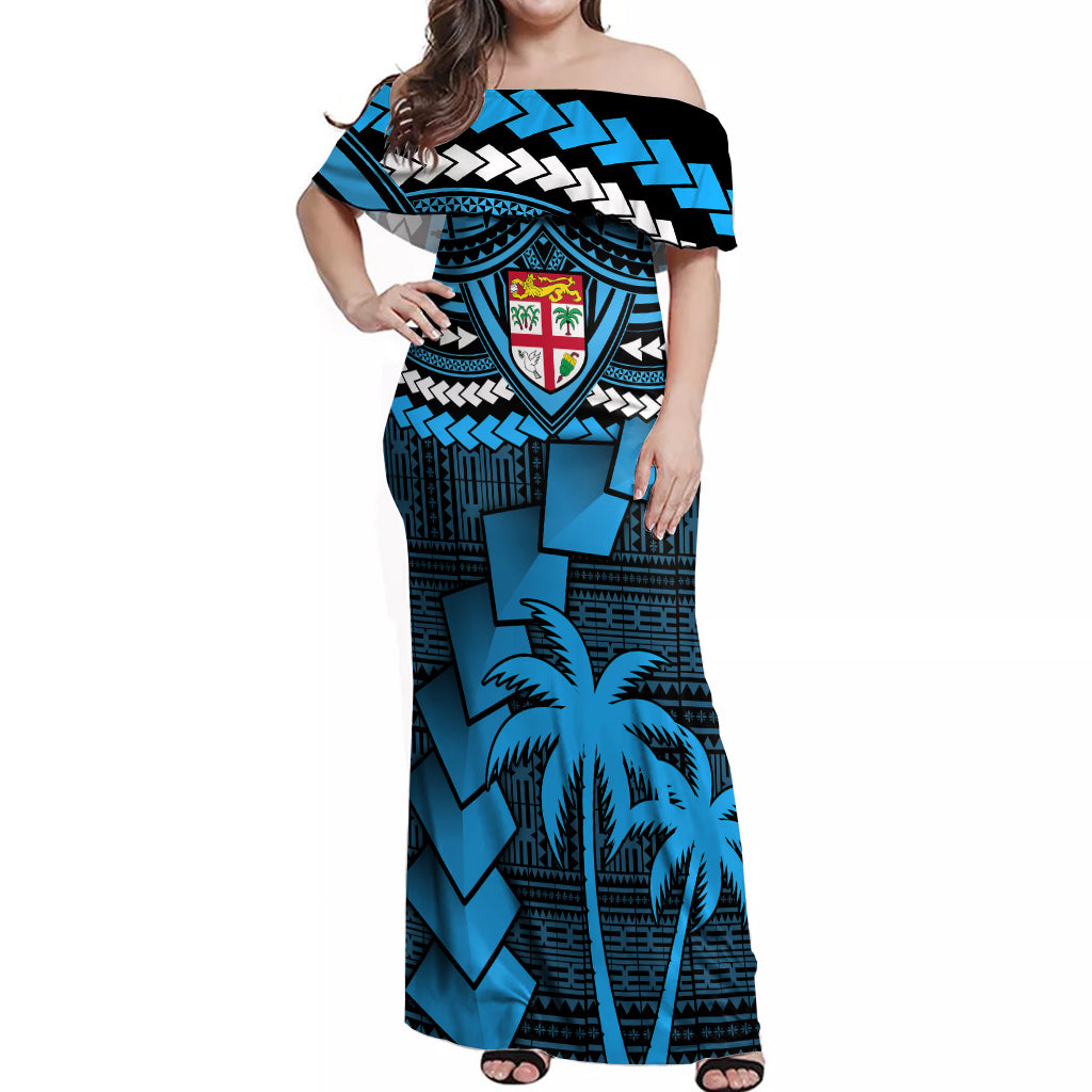 Fiji Rugby Off Shoulder Maxi Dress Go Fijian Tapa Arty with World Cup Vibe LT9 Women Blue - Polynesian Pride