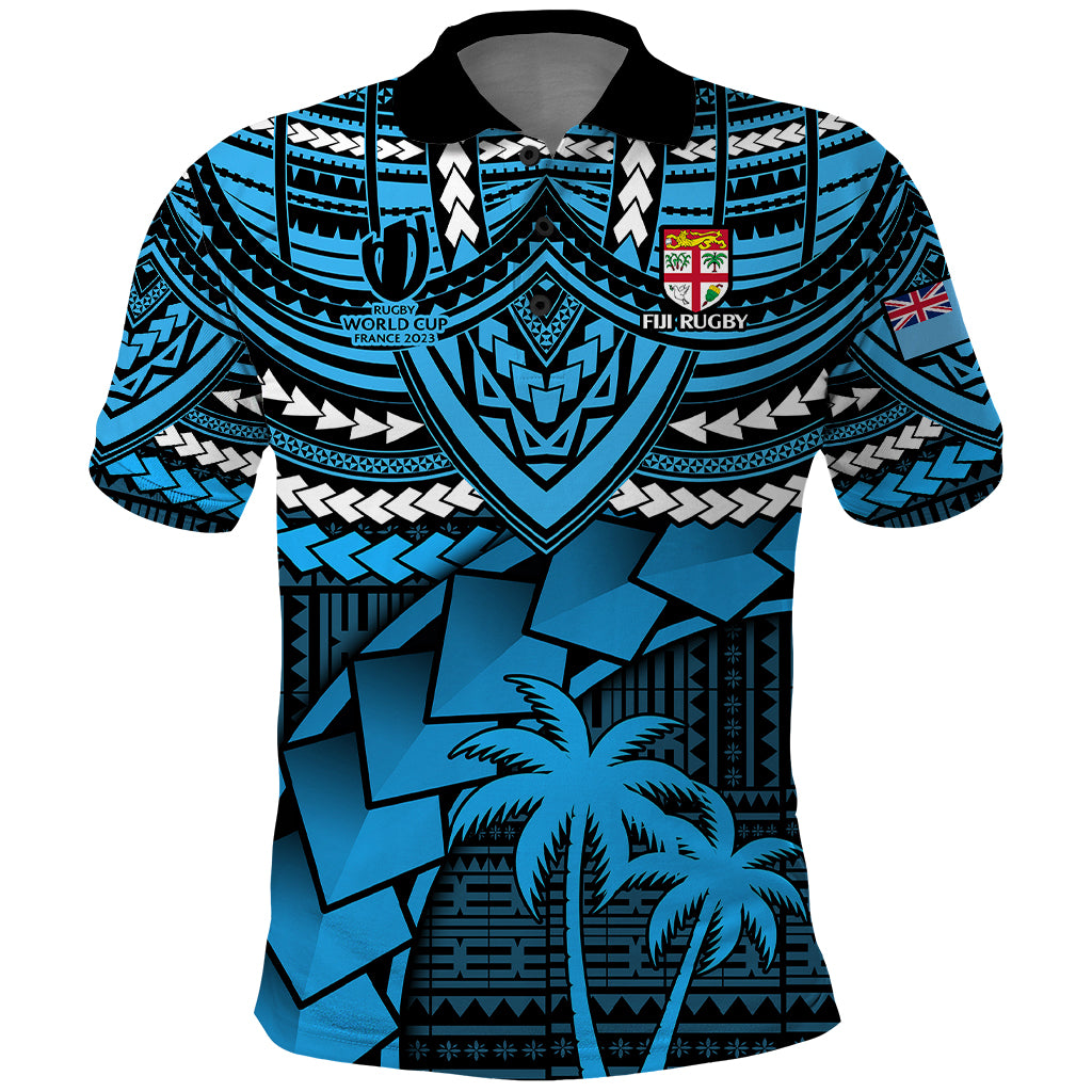 Fiji Rugby Polo Shirt Go Fijian Tapa Arty with World Cup Vibe LT9 Blue - Polynesian Pride