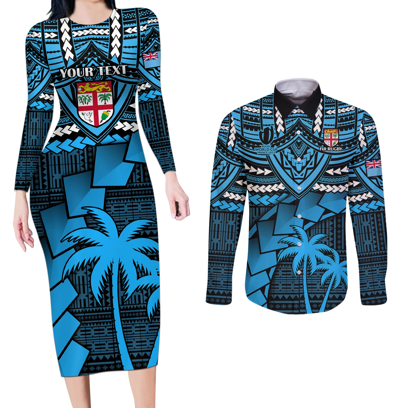 Custom Fiji Rugby Couples Matching Long Sleeve Bodycon Dress and Long Sleeve Button Shirts Go Fijian Tapa Arty with World Cup Vibe LT9 Blue - Polynesian Pride