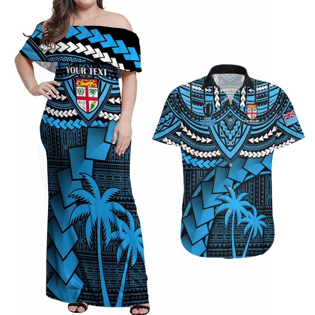 Custom Fiji Rugby Couples Matching Off Shoulder Maxi Dress and Hawaiian Shirt Go Fijian Tapa Arty with World Cup Vibe LT9 Blue - Polynesian Pride