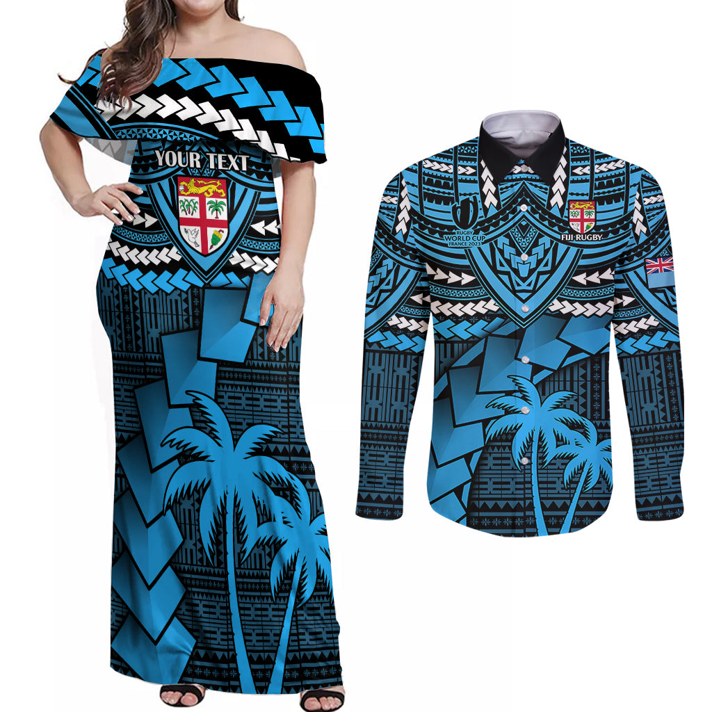 Custom Fiji Rugby Couples Matching Off Shoulder Maxi Dress and Long Sleeve Button Shirts Go Fijian Tapa Arty with World Cup Vibe LT9 Blue - Polynesian Pride