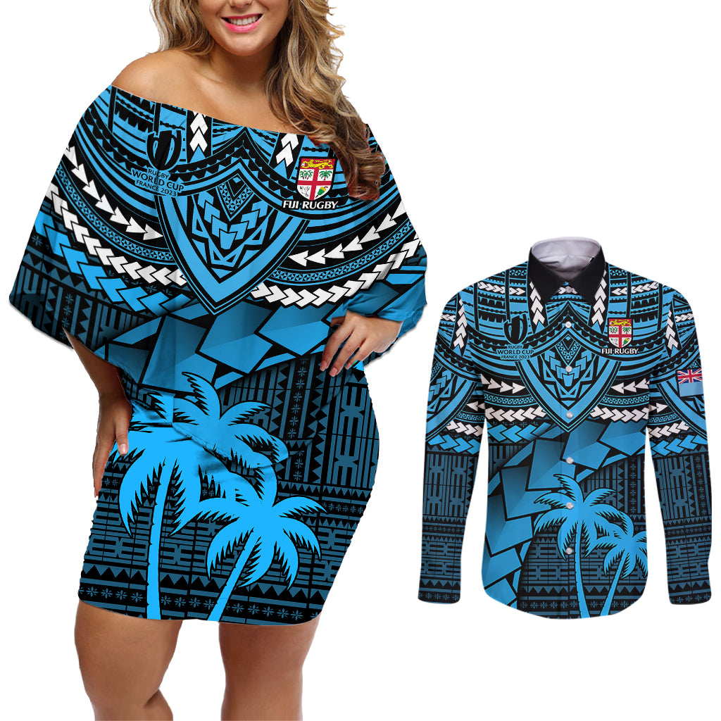 Custom Fiji Rugby Couples Matching Off Shoulder Short Dress and Long Sleeve Button Shirts Go Fijian Tapa Arty with World Cup Vibe LT9 Blue - Polynesian Pride