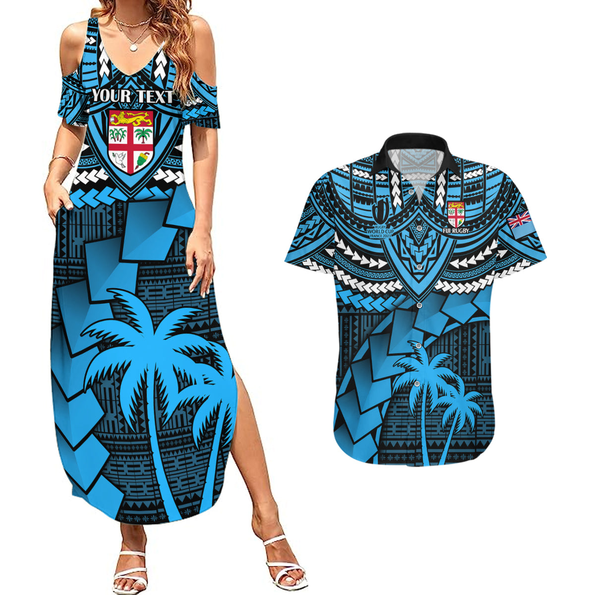 Custom Fiji Rugby Couples Matching Summer Maxi Dress and Hawaiian Shirt Go Fijian Tapa Arty with World Cup Vibe LT9 Blue - Polynesian Pride