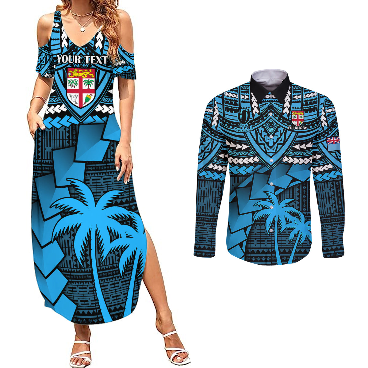 Custom Fiji Rugby Couples Matching Summer Maxi Dress and Long Sleeve Button Shirts Go Fijian Tapa Arty with World Cup Vibe LT9 Blue - Polynesian Pride