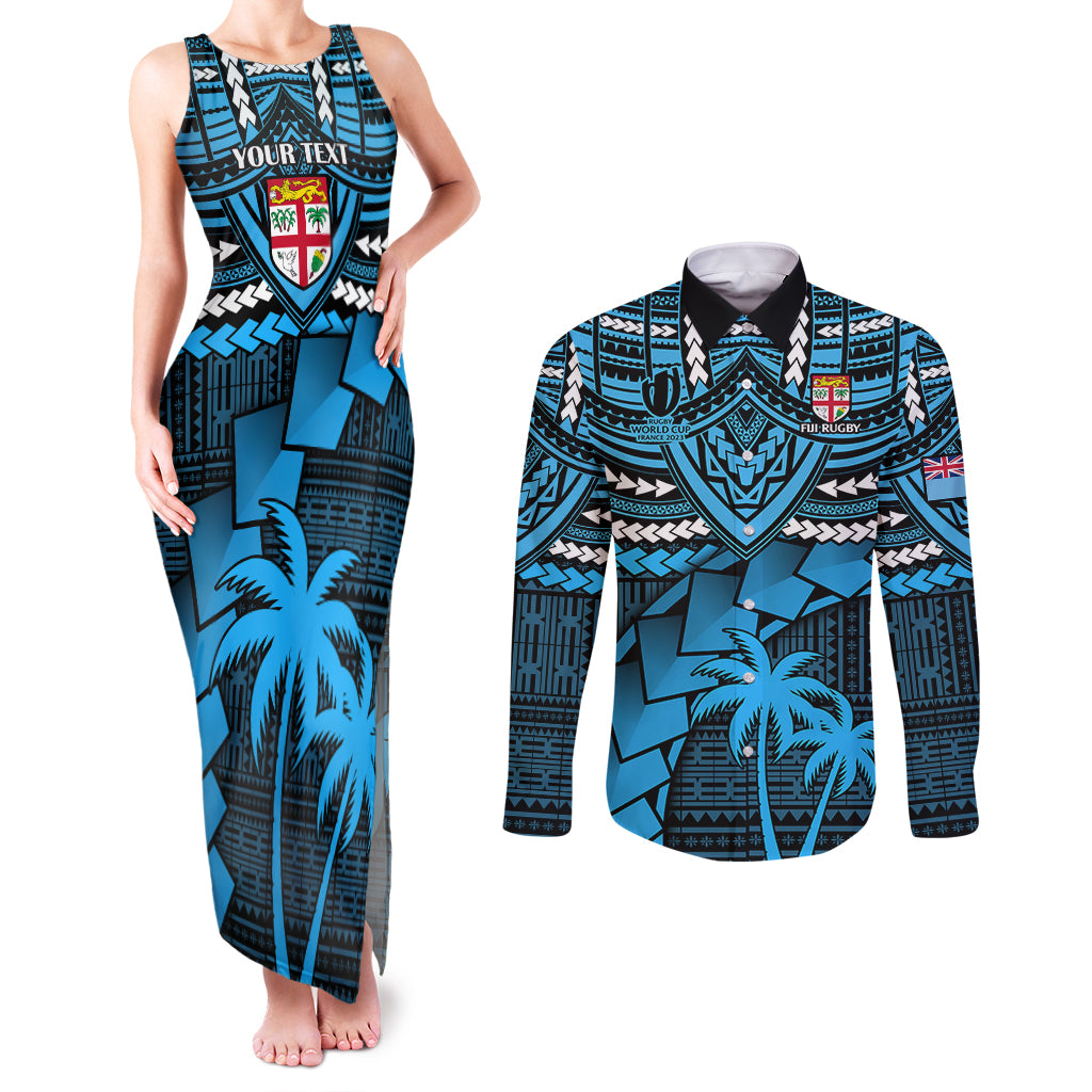 Custom Fiji Rugby Couples Matching Tank Maxi Dress and Long Sleeve Button Shirts Go Fijian Tapa Arty with World Cup Vibe LT9 Blue - Polynesian Pride