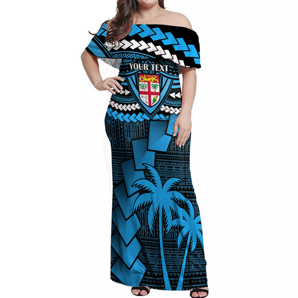 Custom Fiji Rugby Off Shoulder Maxi Dress Go Fijian Tapa Arty with World Cup Vibe LT9 Women Blue - Polynesian Pride