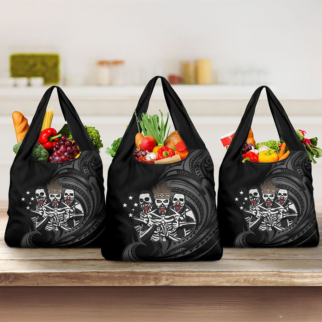 Skeleton Tribe Simbu Province Grocery Bag Papua New Guinea Indigenous Pattern LT9 3-pack One Size Black - Polynesian Pride